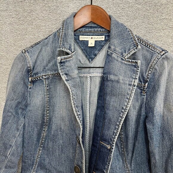 Tommy Hilfiger Jean Jacket Women M Blue Cropped Medium Wash Button Up Denim - Picture 3 of 11